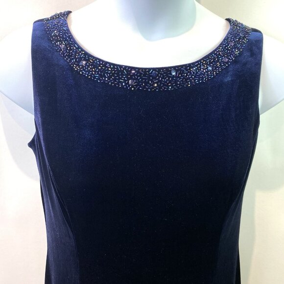 Coldwater Creek Dress Navy Blue Velvet Beaded Mesh Panel Hem Whimsigoth Sz 14P - Picture 3 of 13